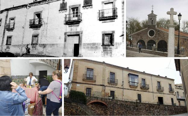 Imagen. Arriba izq. 1900, casa del Vizconde de Torre de Albarragena con escudos | Arriba der. El crucero en San Blas | Abajo izq. Acisjf repartiendo comida | Abajo der. Estado actual de la casa-palacio sin los escudo.