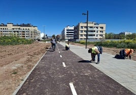 Unos ciclistas circulan por el carril ciclopeatonal entre Logroño y Lardero mientras se ultiman los trabajos.