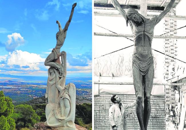 I: Via Crucis de La Santa, en Totana. El conjunto, compuesto por 32 obras, fue concluido en 1968. D: Crucifixión. Composición para el Altar Mayor de ,la Iglesia Parroquial de San Pedro Apóstol, en madera. 9 metros.