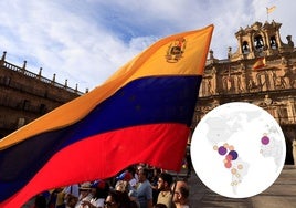 Concentración por las elecciones de Venezuela en la Plaza Mayor de Salamanca en una imagen de archivo y, a la derecha, mapa de procedencia de los nacionalizados.